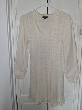Cream Cable Knit V-Neck Sweater Dress
